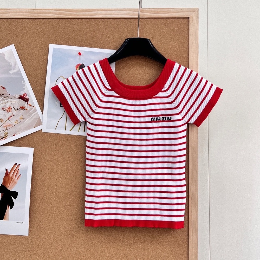 Miu Miu Red & White Striped Short-Sleeve Knit Tank